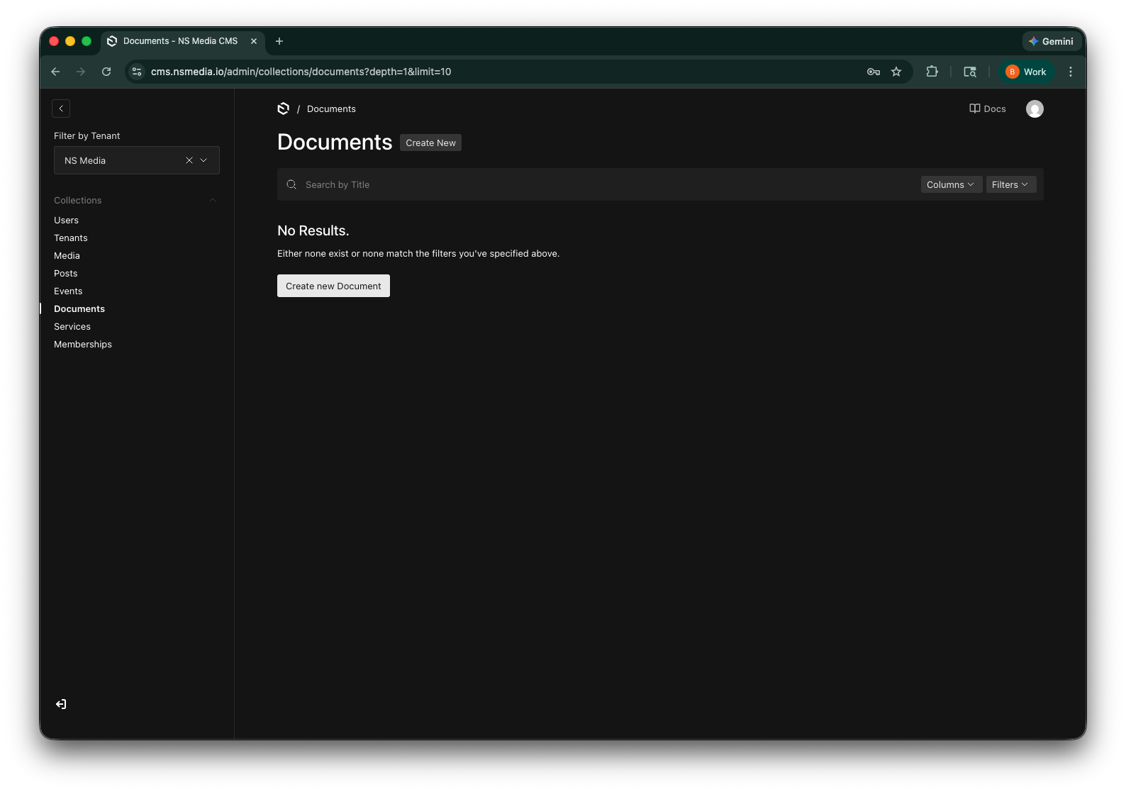 The Documents list view showing all uploaded documents with title, category, and year
