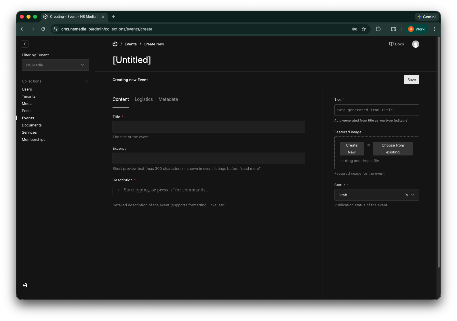 The Content tab with title, excerpt, and rich text description