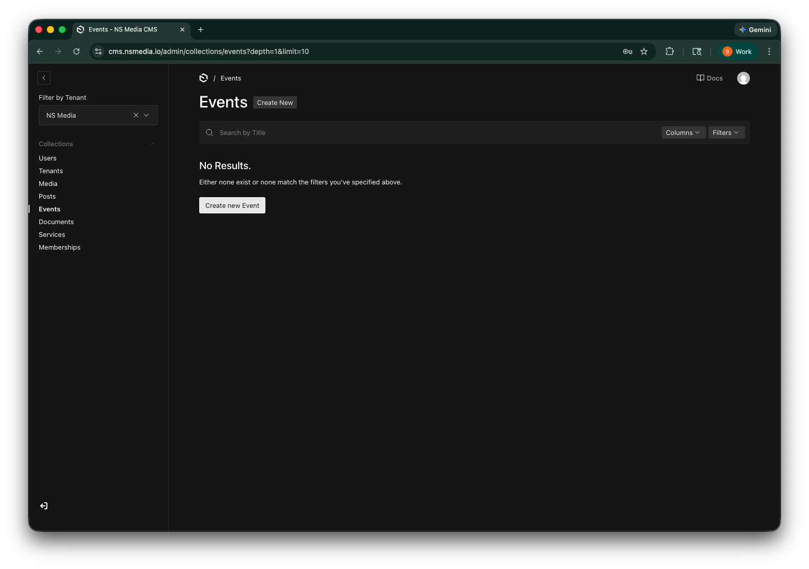 The Events list view showing upcoming and past events