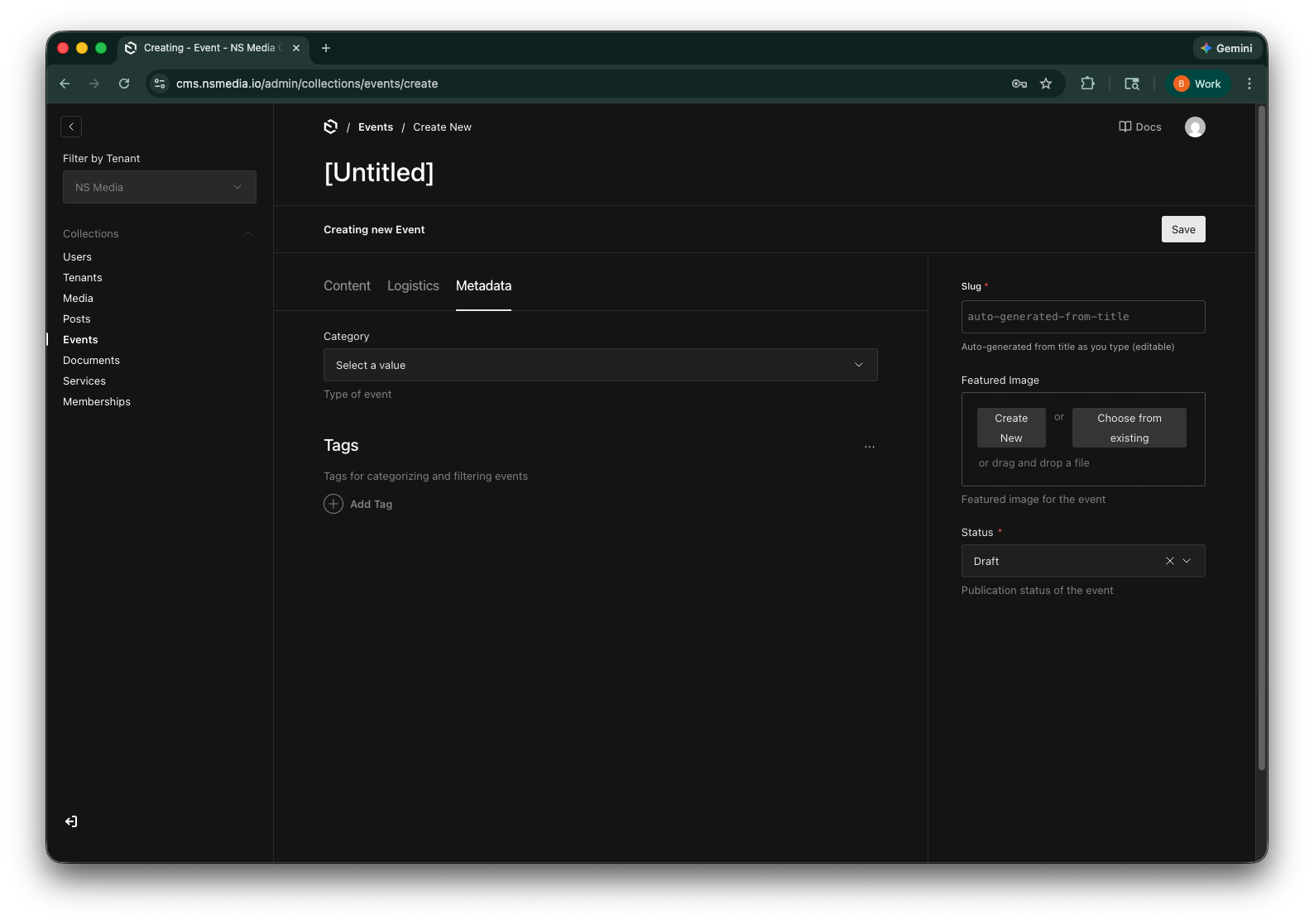 The Metadata tab with category dropdown and tags array