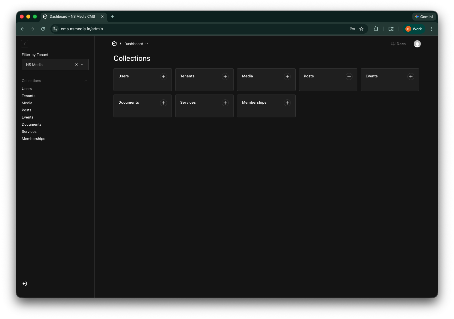 The admin dashboard showing the sidebar navigation
