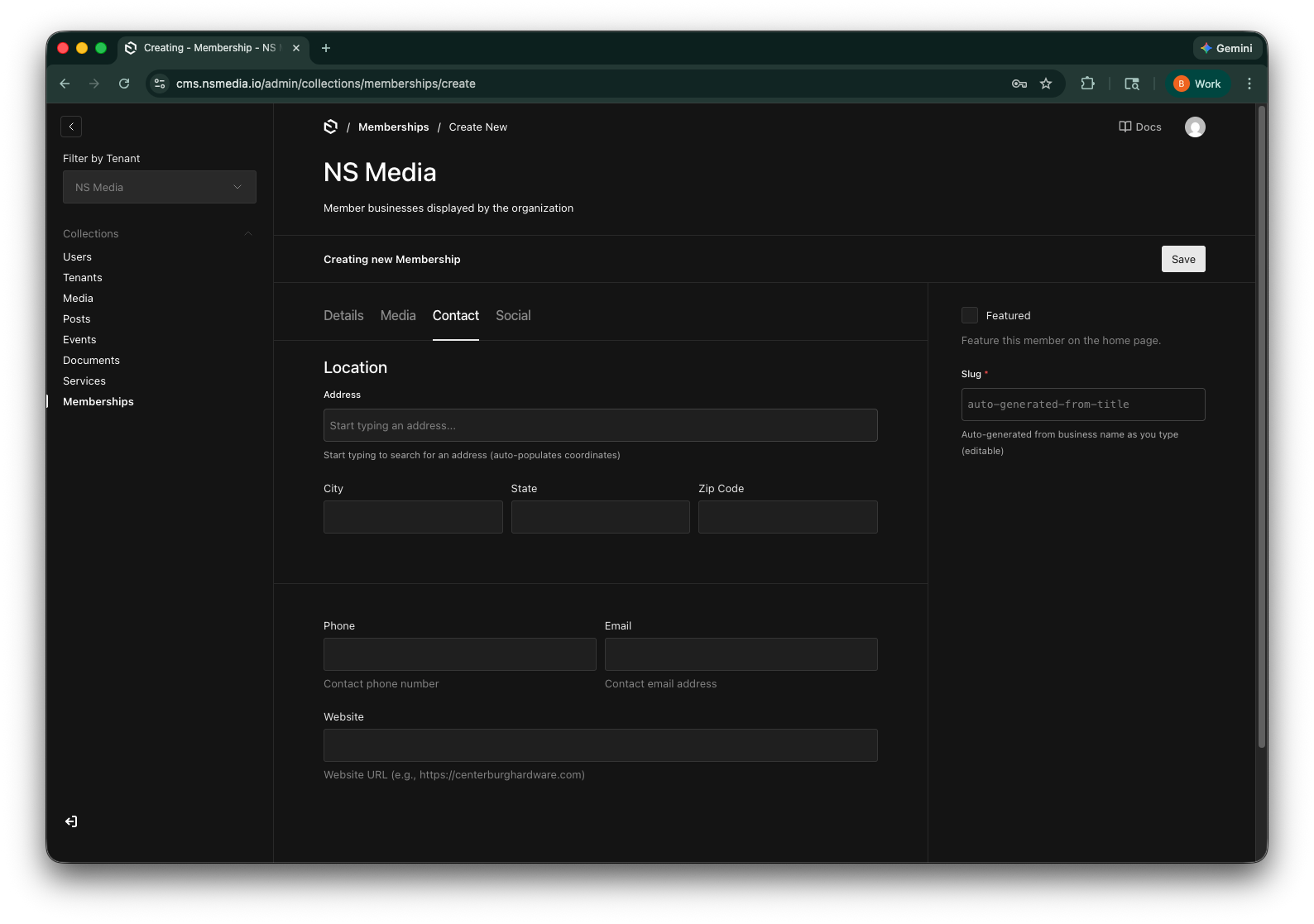 The Contact tab in the Memberships editor