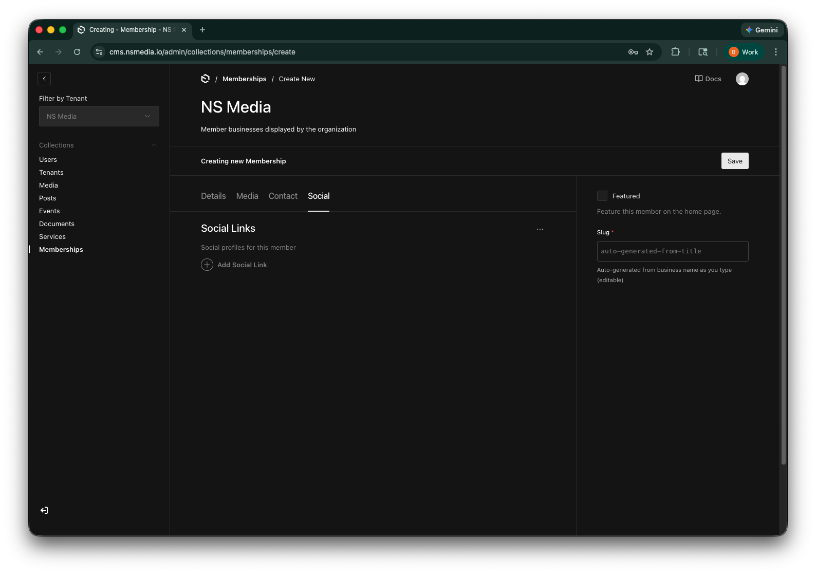 The Social tab in the Memberships editor
