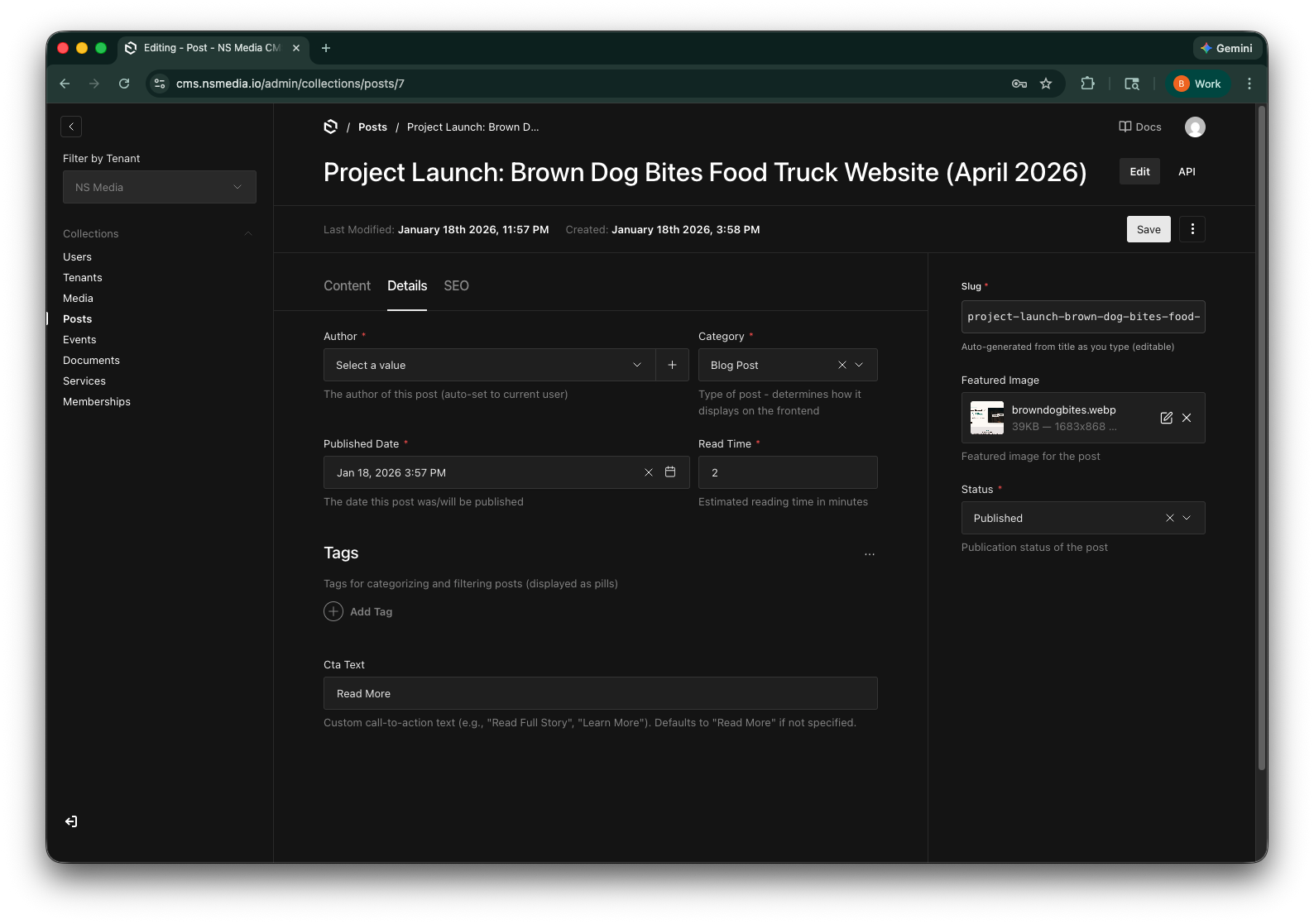 The Details tab showing author, category, published date, read time, tags, and CTA