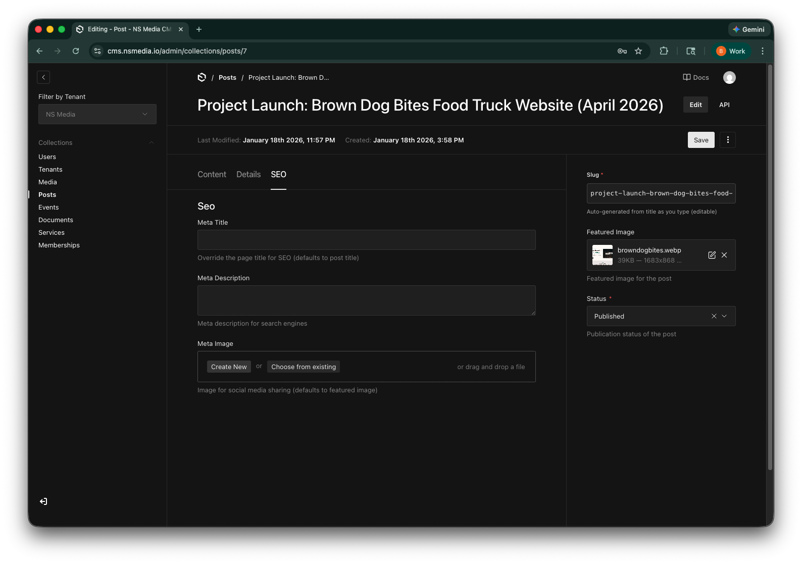 The SEO tab showing meta title, meta description, and meta image