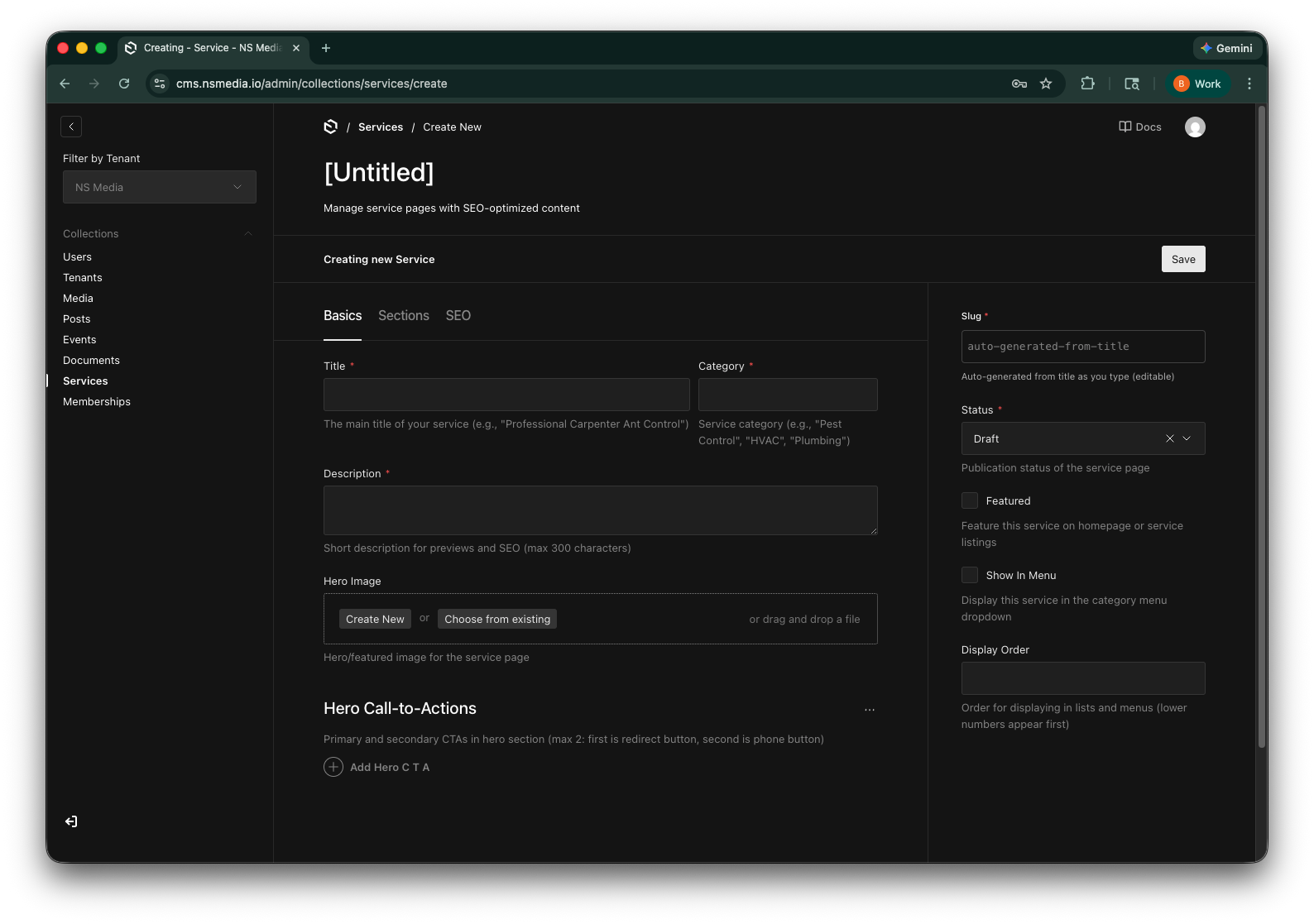 The Basics tab with title, category, description, hero image, and CTAs