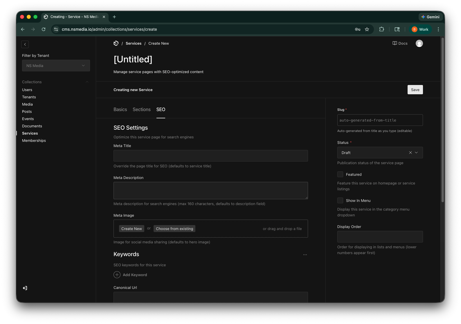The sidebar showing slug, status, featured, show in menu, and display order