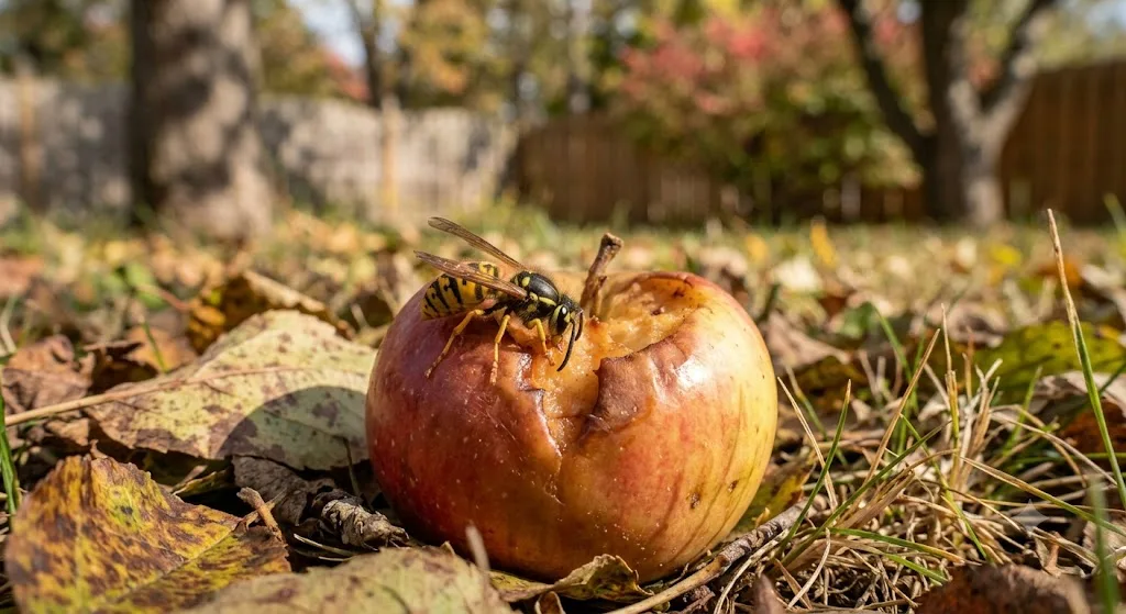 Yellow jacket on a fallen apple in a Central Ohio backyard in early fall.