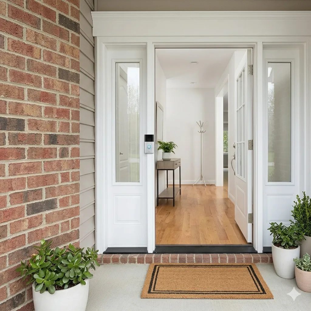 Ring camera mounted near a front door, with an entryway visible in the background.