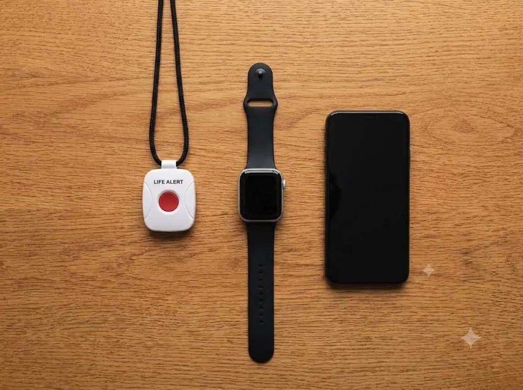 A medical alert pendant, a smartwatch, and a smartphone