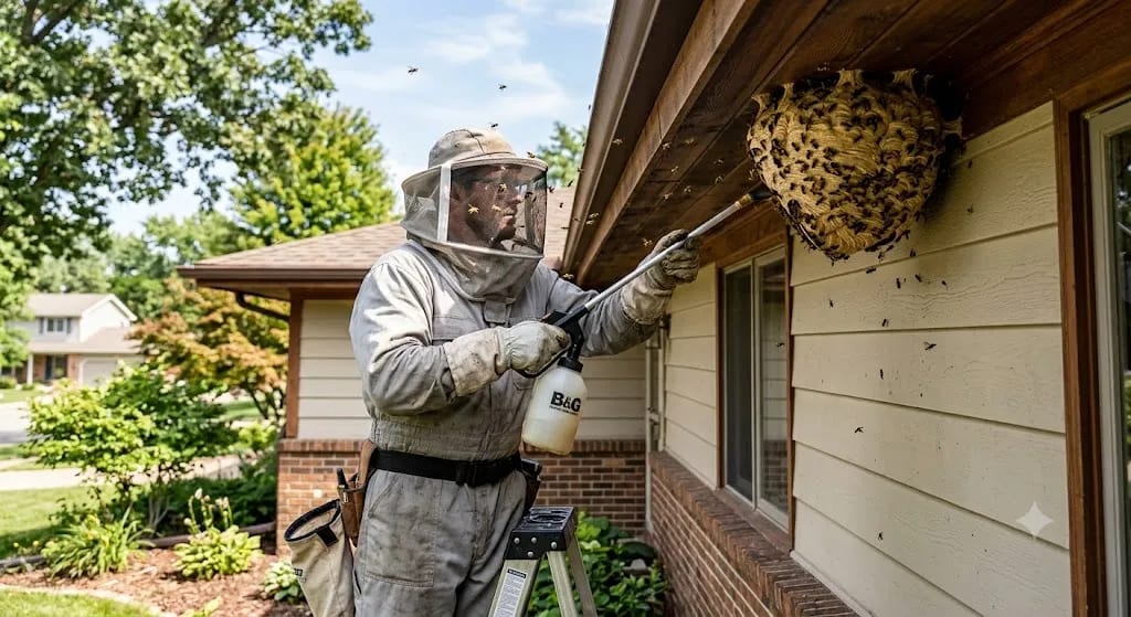 Pest control technician in protective gear treating a wasp nest under an eave