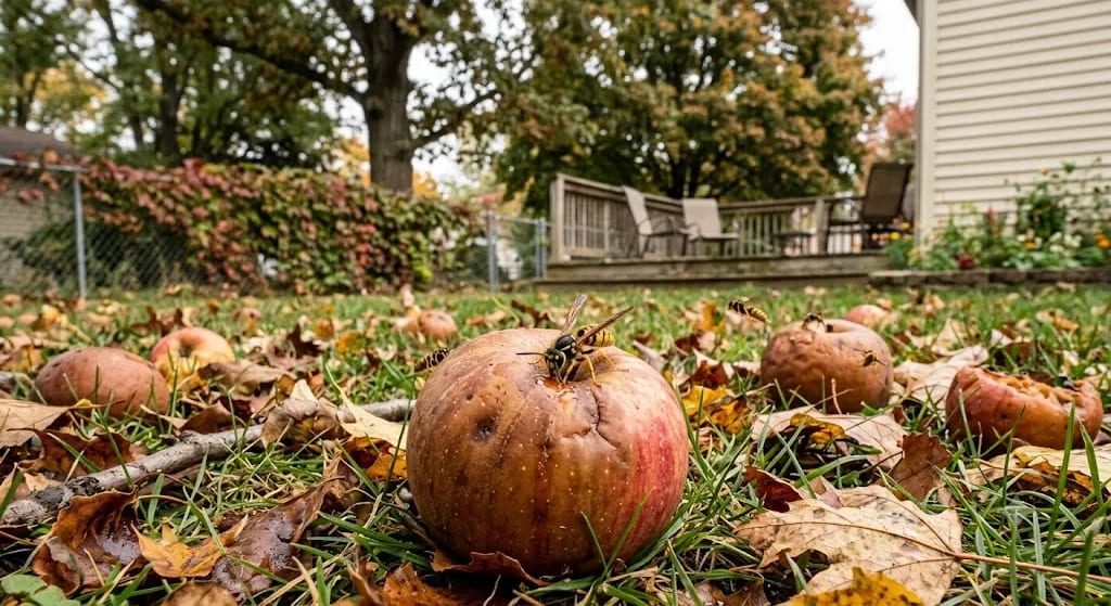 Yellow jacket landing on a fallen apple in a Central Ohio backyard