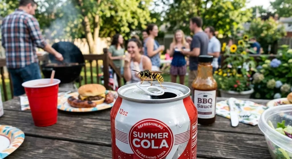 Aggressive yellow jacket on the rim of a soda can at a backyard cookout