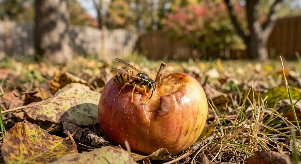 Yellow jacket on a fallen apple in a Central Ohio backyard in early fall.