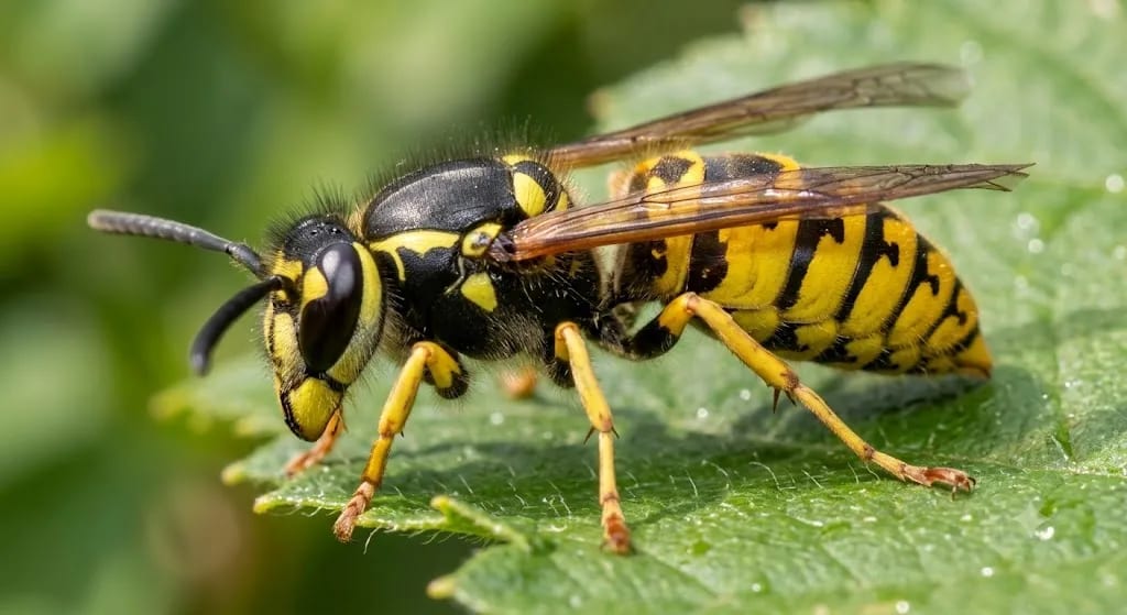 Close-up of a yellow jacket showing its smooth black and yellow body