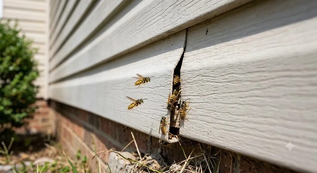 Yellow jackets entering a gap in the siding of a house